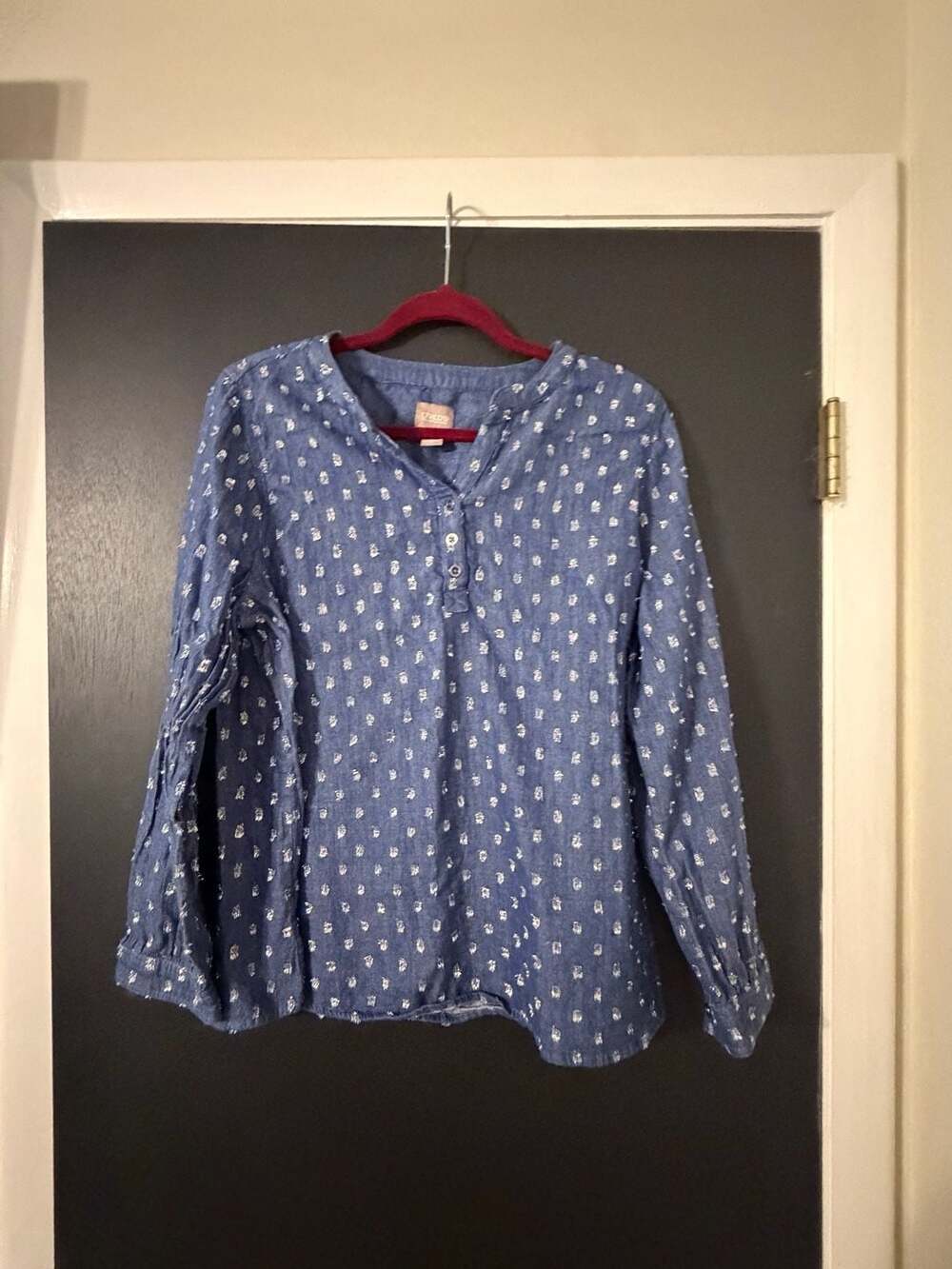 Chico's Blue Long Sleeve Button-Front Blouse with  silver Metallic Dot Texture